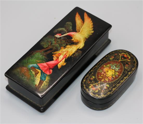 2 Russian lacquered boxes, one decorated, scene from the Firebird, the other with flowers